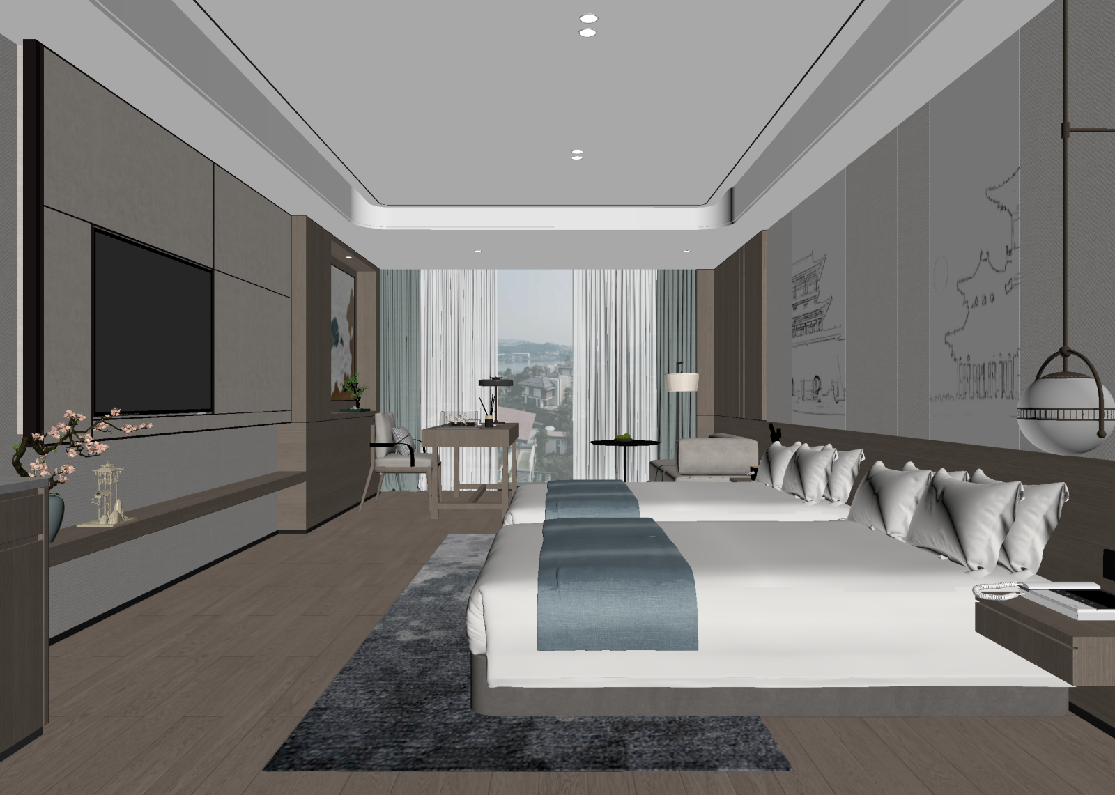 新中式酒店客房3D模型下载【ID:1214950062】