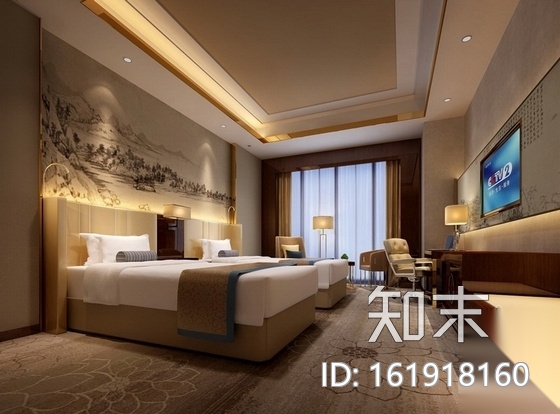 [陕西]航空中心酒店新中式标准双人间装修施工图（含效果...cad施工图下载【ID:161918160】