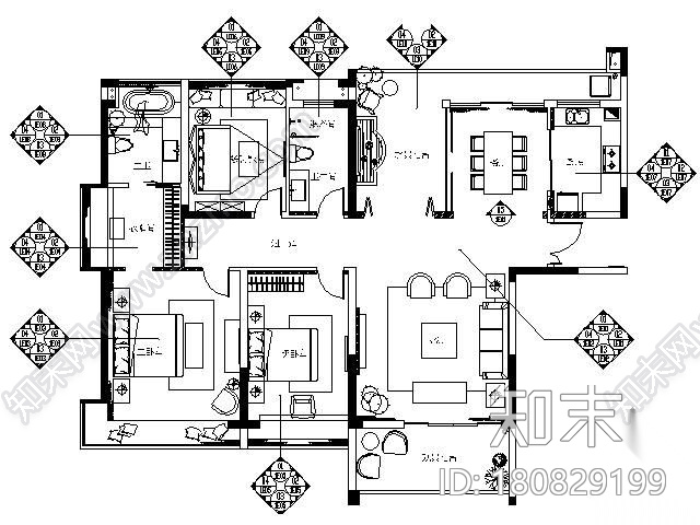 [深圳]133㎡简欧样板房四居室施工图（含效果）cad施工图下载【ID:180829199】