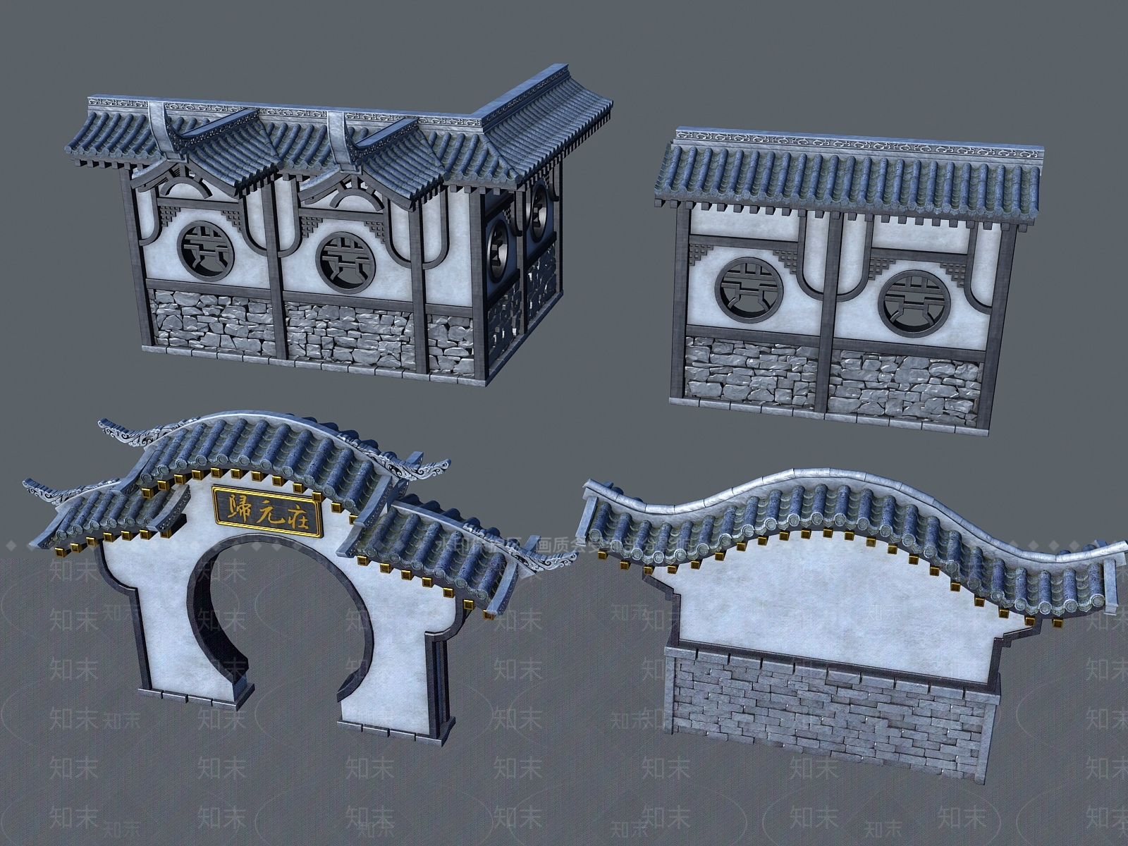 中式围墙3D模型下载【ID:933606496】