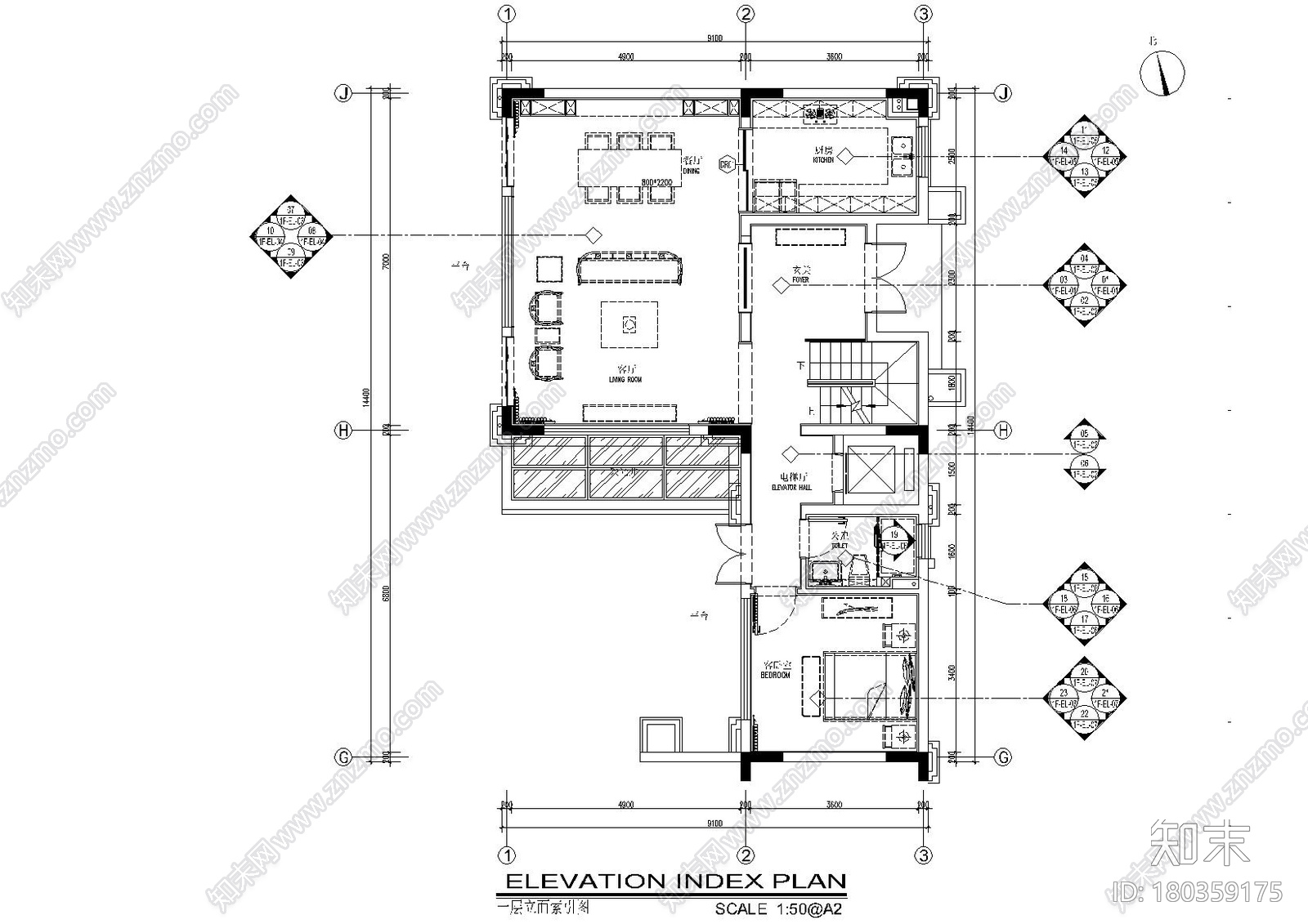 [福建]龙岩某户型别墅样板房施工图_效果图cad施工图下载【ID:180359175】