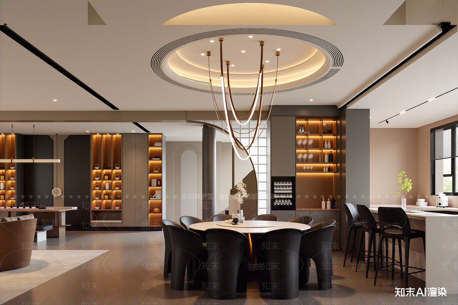 新中式酒店餐厅3D模型渲染效果图