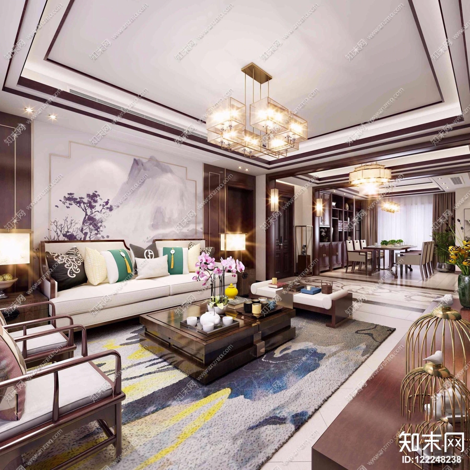 新中式客厅餐厅玄关卧室3D模型下载【ID:122248238】