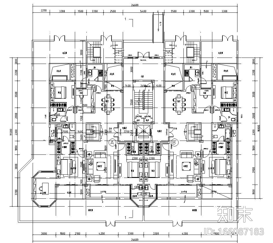 大面宽洋房户型平面图设计施工图下载【ID:166087183】