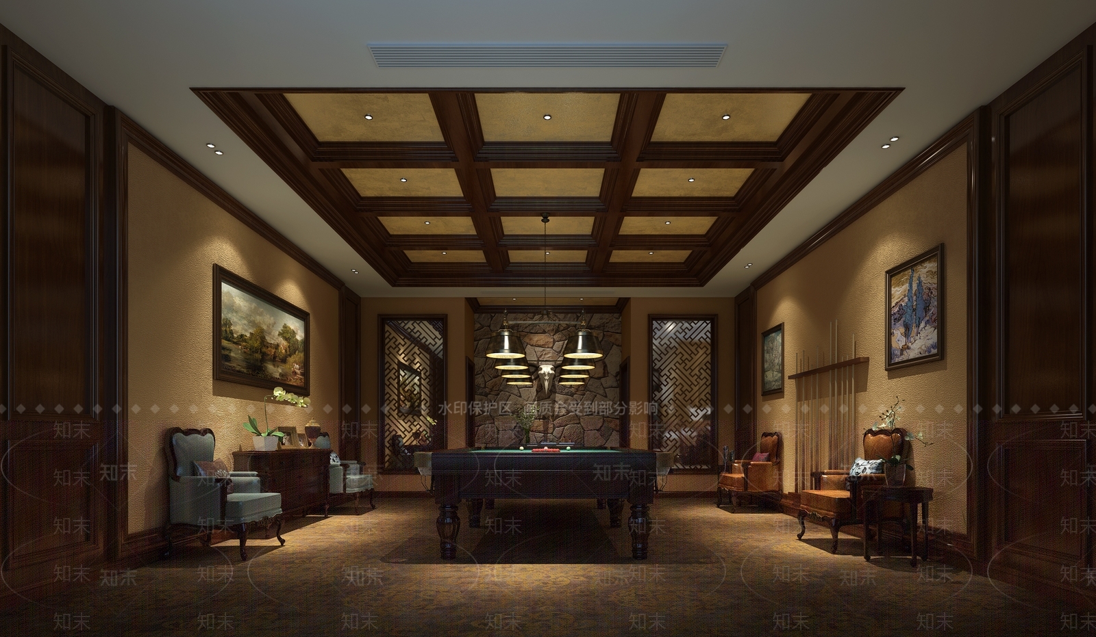 中式美式会所台球台3D模型下载【ID:633021460】