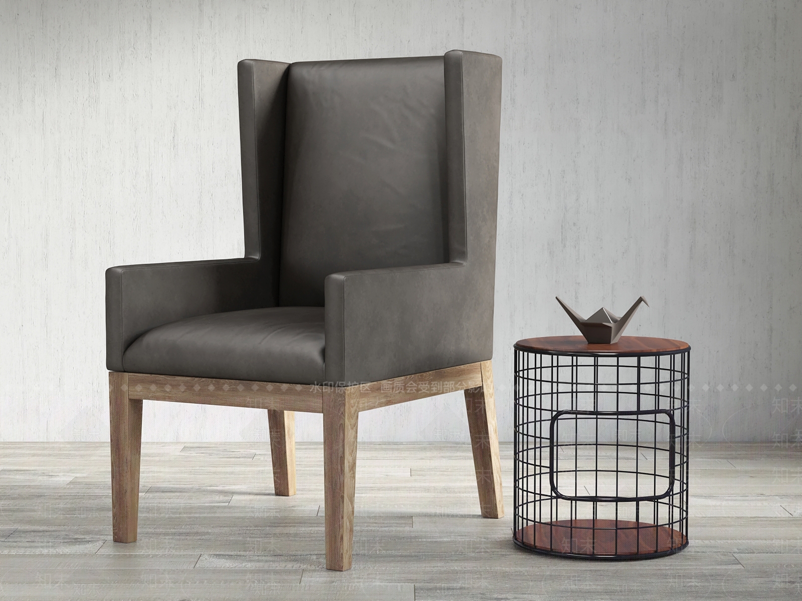 简欧美式高背休闲单人沙发边几组合3D模型下载【ID:933019621】