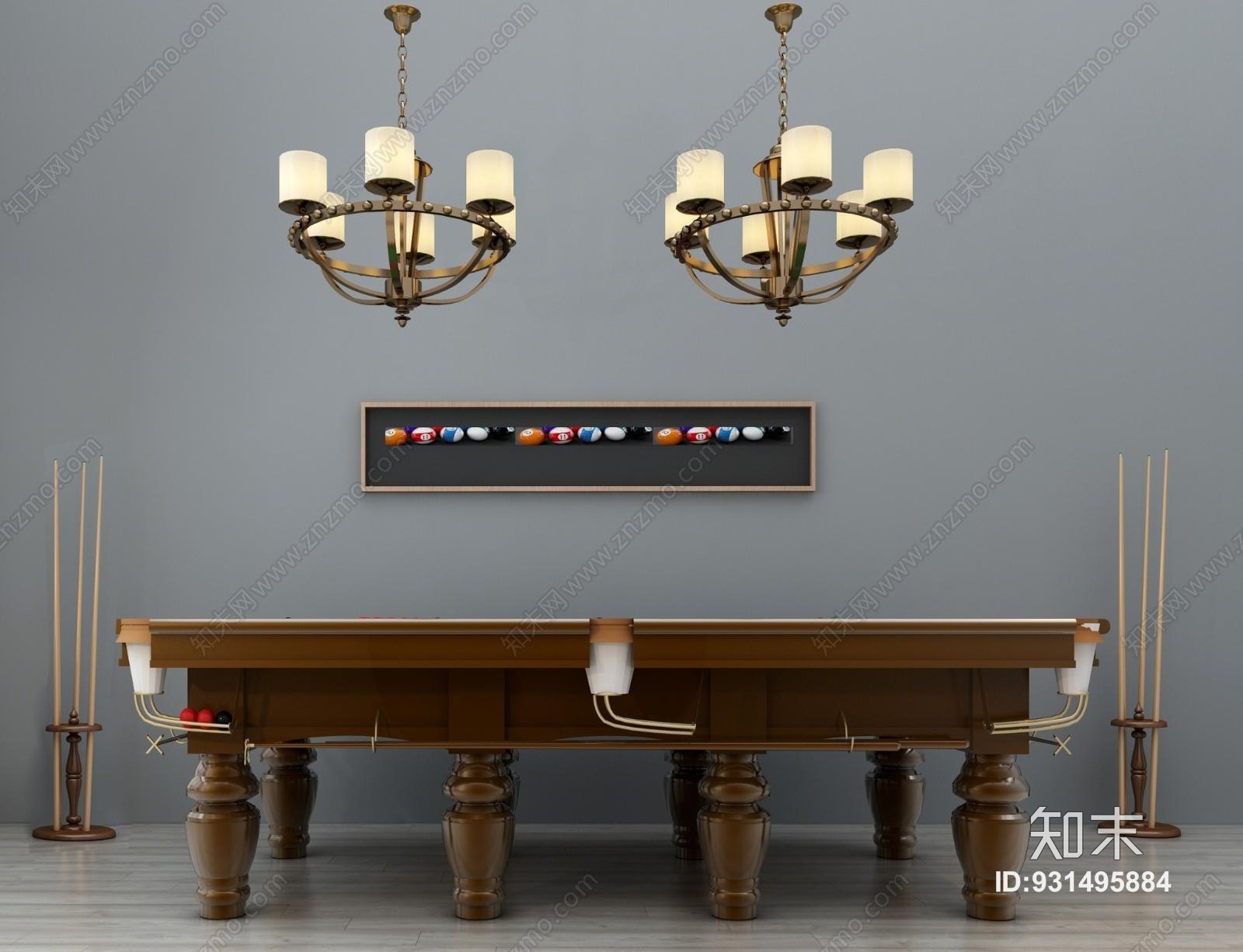 美式台球桌台球杆吊灯组合3D模型下载【ID:931495884】