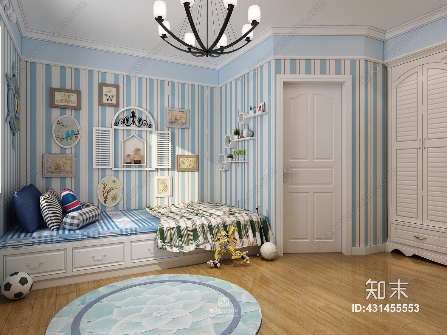 其它卧室儿童房男孩房床衣柜书桌吊灯3D模型下载【ID:431455553】
