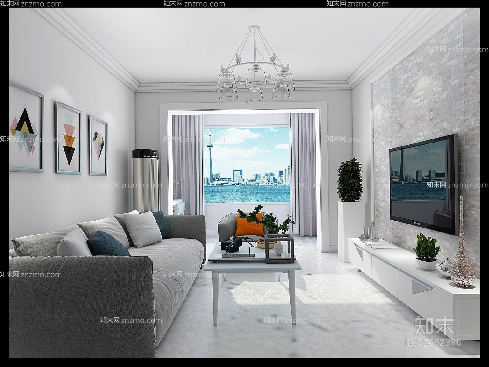 现代白色银艺吊灯3D模型下载【ID:52652386】
