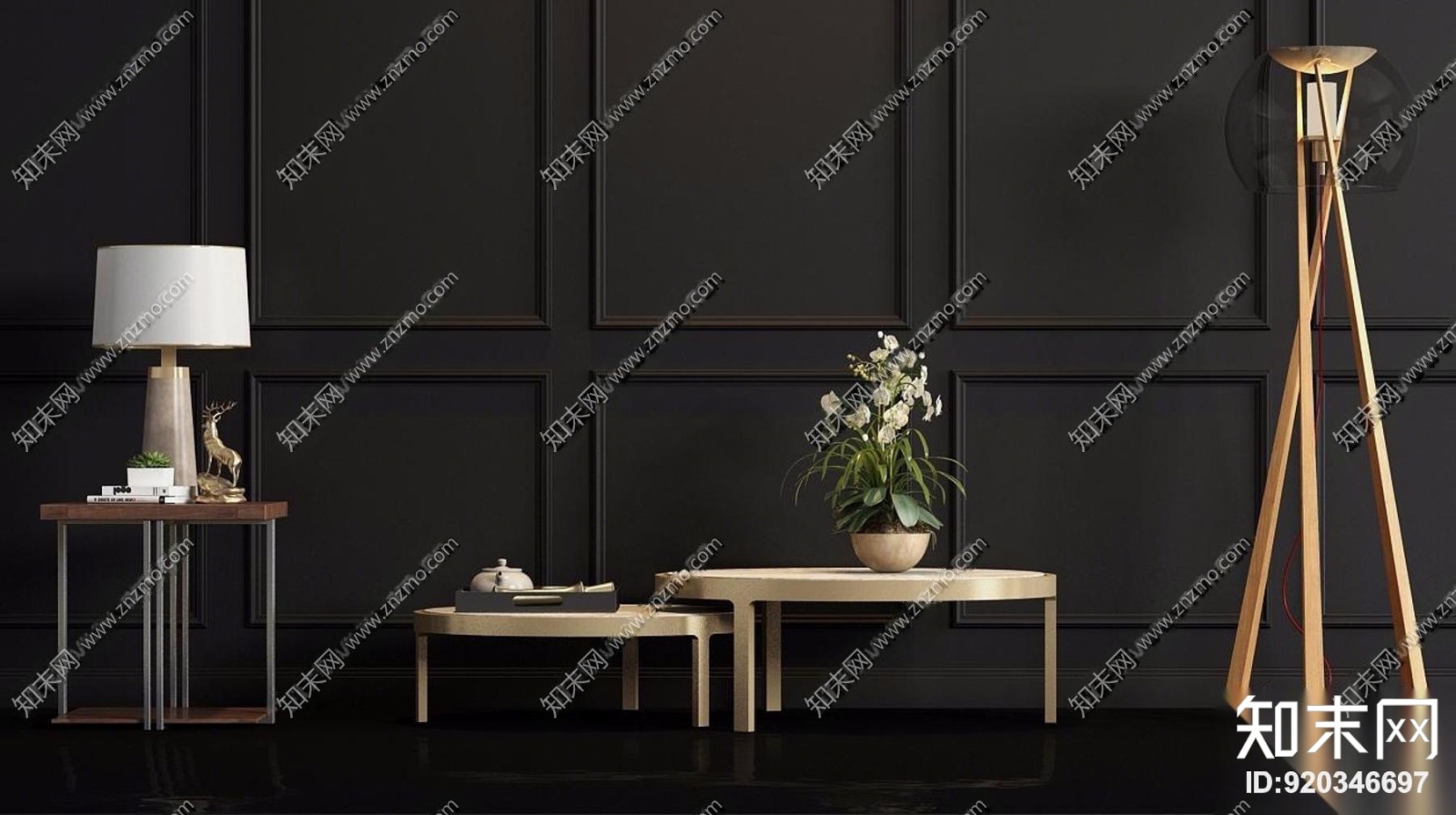 现代金属茶几边几落地灯组合3D模型下载【ID:920346697】