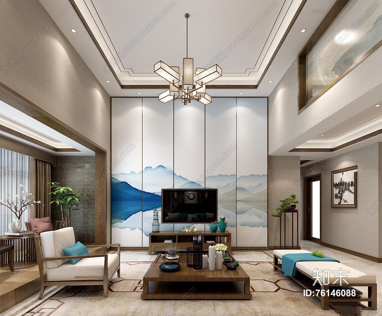 新中式别墅客厅3D模型下载【ID:76146088】