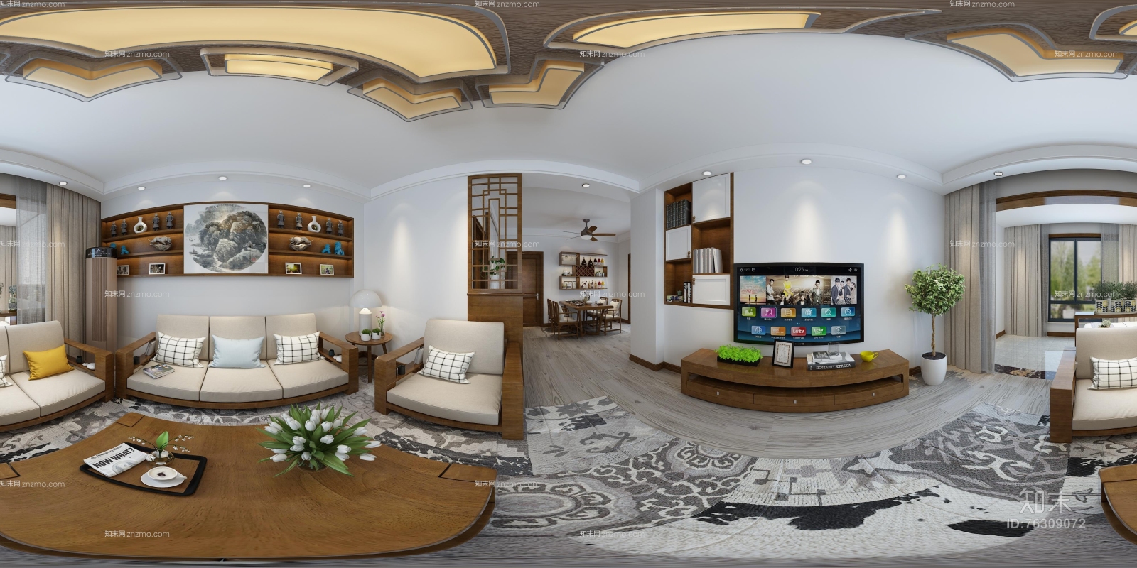 新中式客餐厅卧室全景图3D模型下载【ID:76309072】