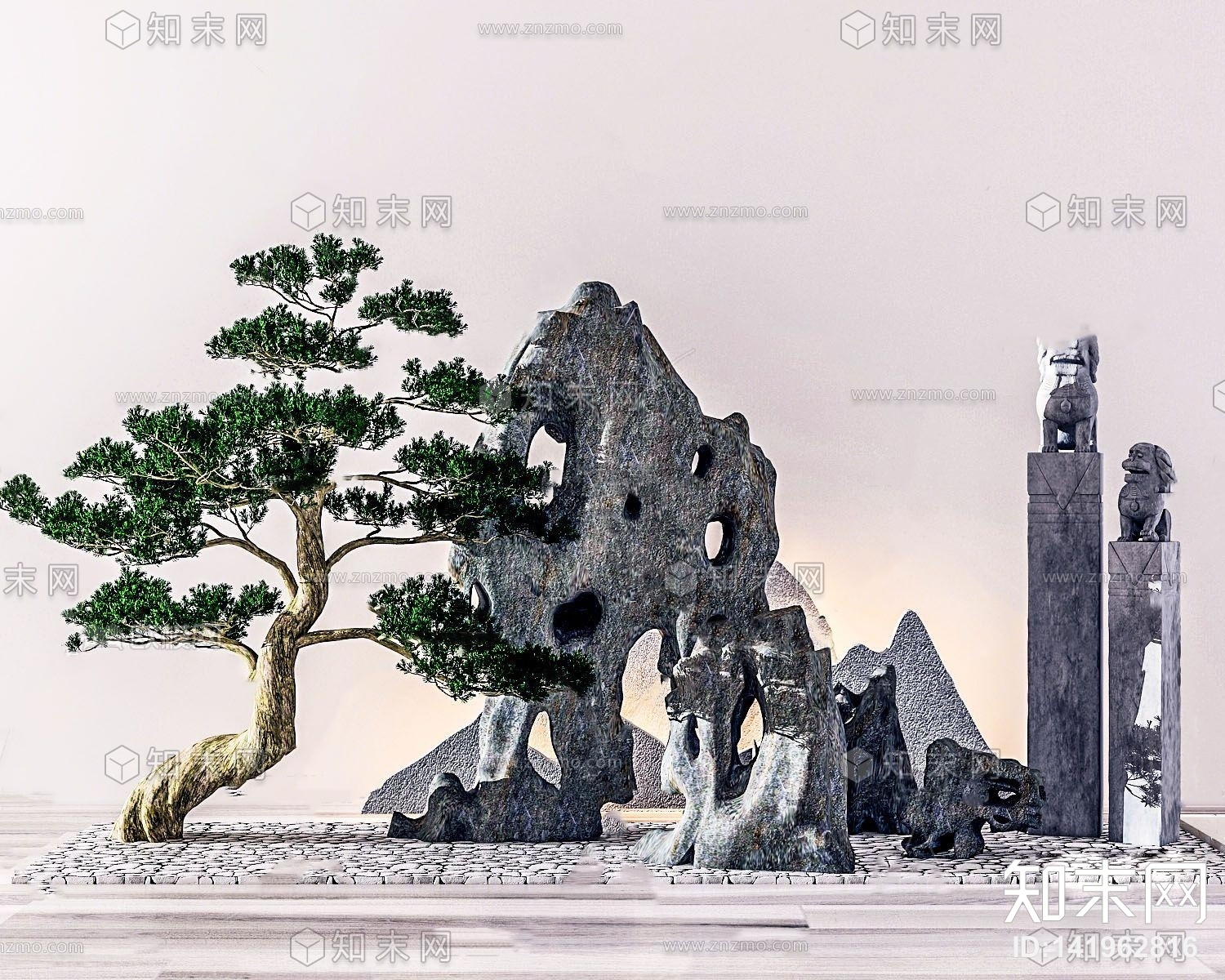 现代松树假山园艺小品3D模型下载【ID:141962816】