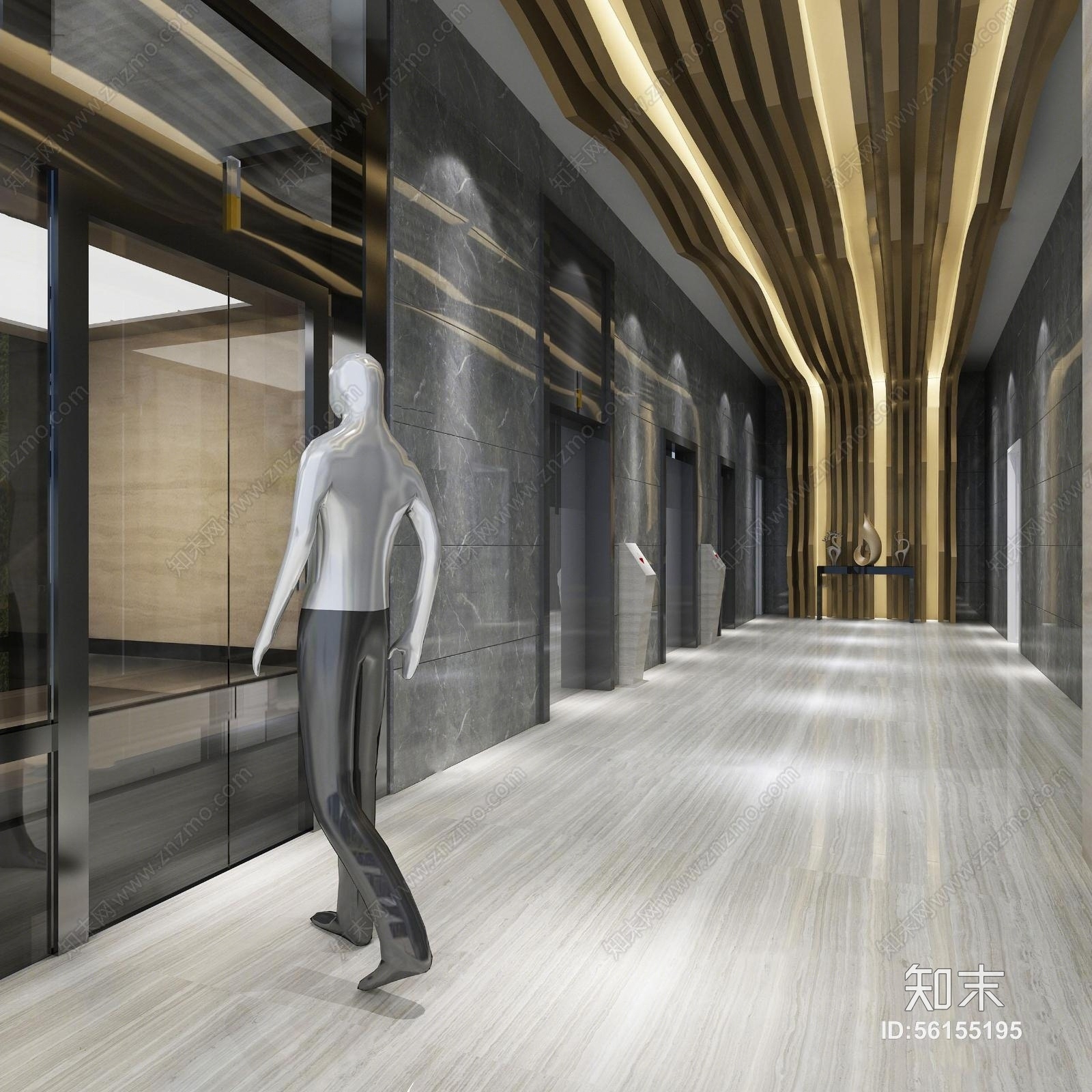 现代办公商务大堂电梯厅3D模型下载【ID:56155195】