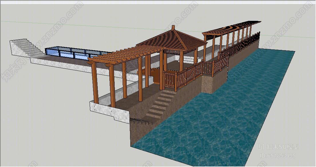 中式风格别墅滨水围栏凉亭景观SU模型下载【ID:651853095】