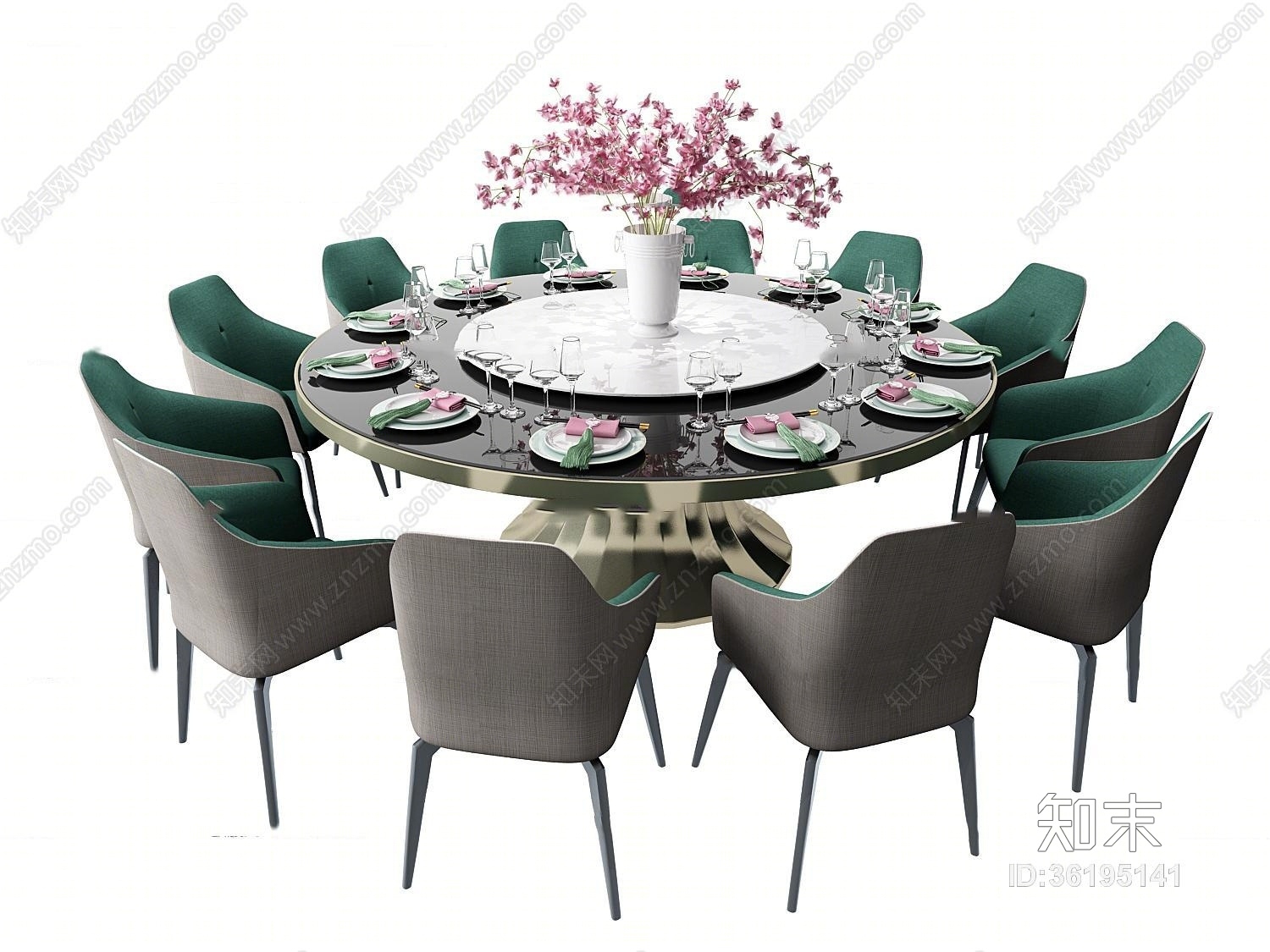 现代圆形餐桌椅花瓶组合3D模型下载【ID:36195141】