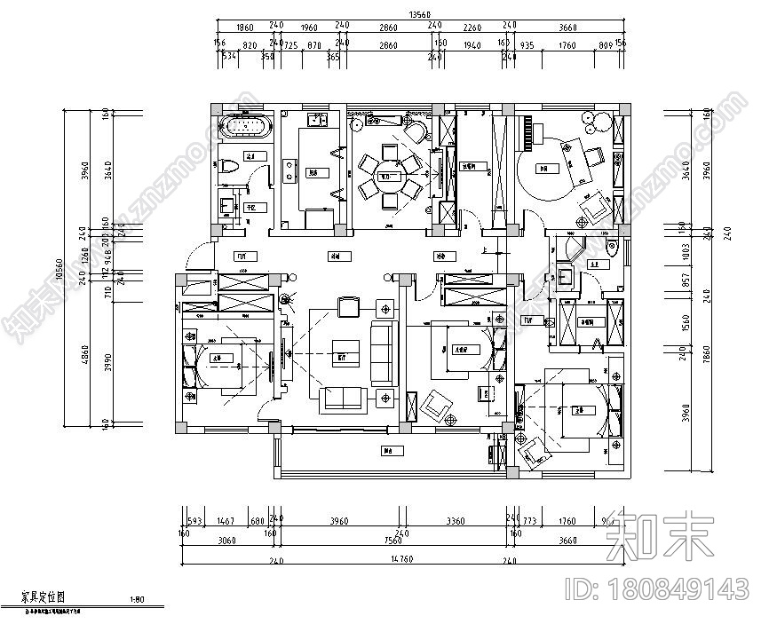 美式风格4室2厅2住宅装修施工图设计cad施工图下载【ID:180849143】