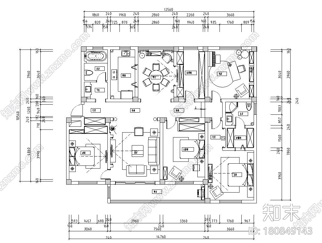 美式风格4室2厅2住宅装修施工图设计cad施工图下载【ID:180849143】