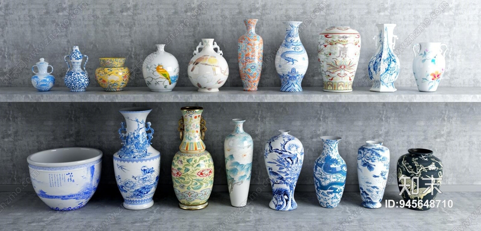 中式青花瓷瓶3D模型下载【ID:945648710】