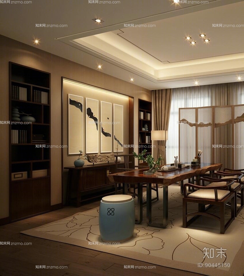 新中式长方形木艺书柜3D模型下载【ID:90445150】