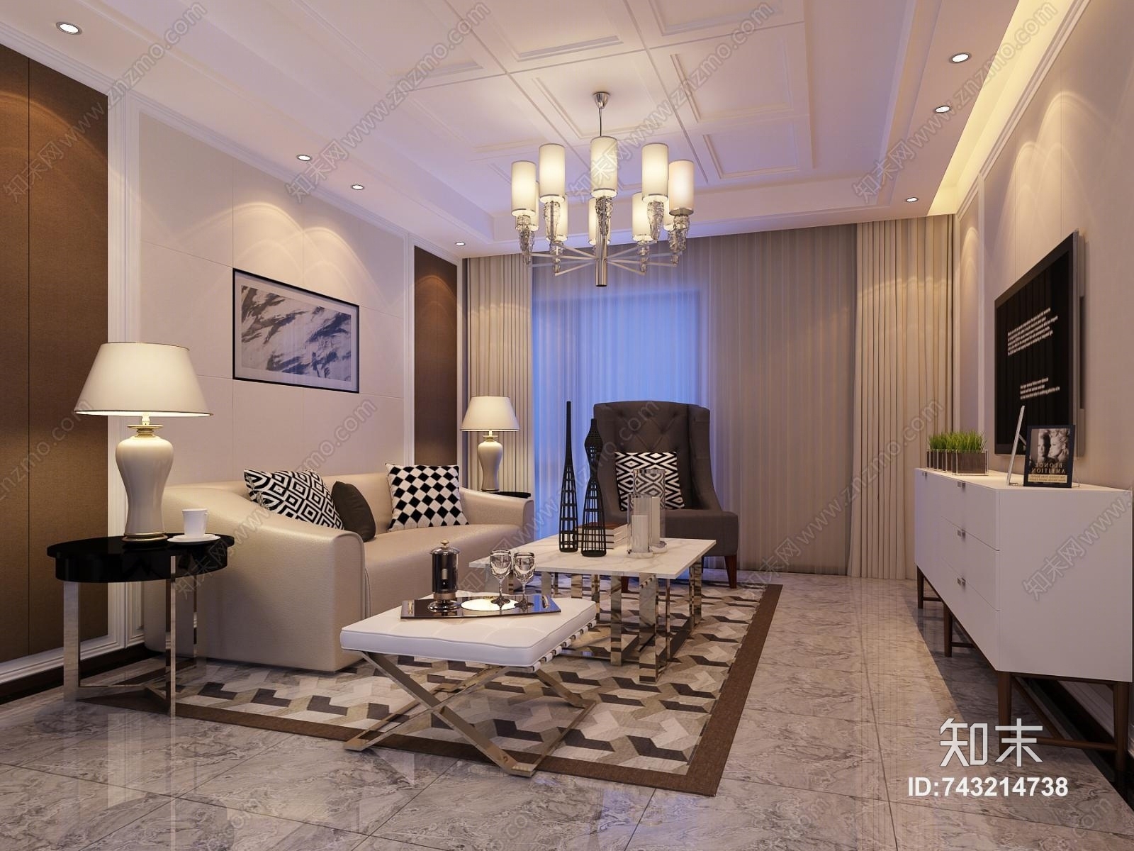 现代客厅3D模型下载【ID:743214738】