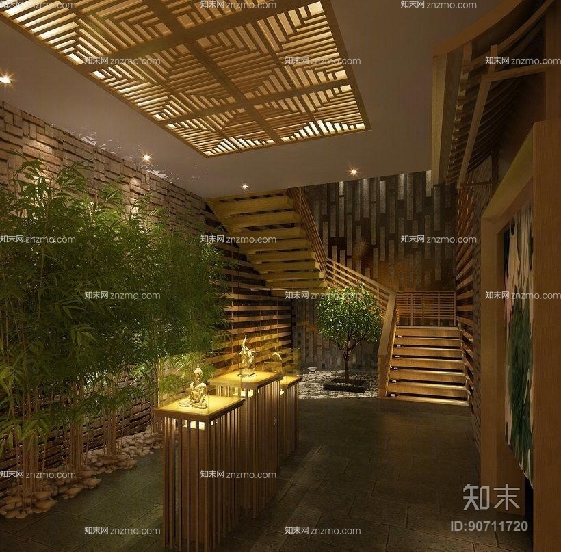 禅意中式长方形木艺装饰柜组合3D模型下载【ID:90711720】