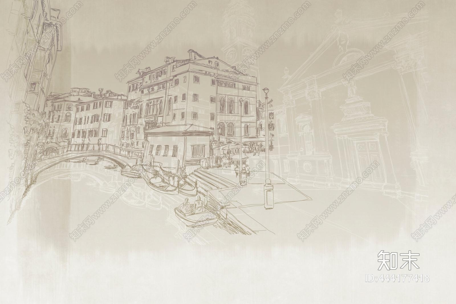 现代简约手绘风建筑装饰壁纸壁画贴图下载【ID:444177418】