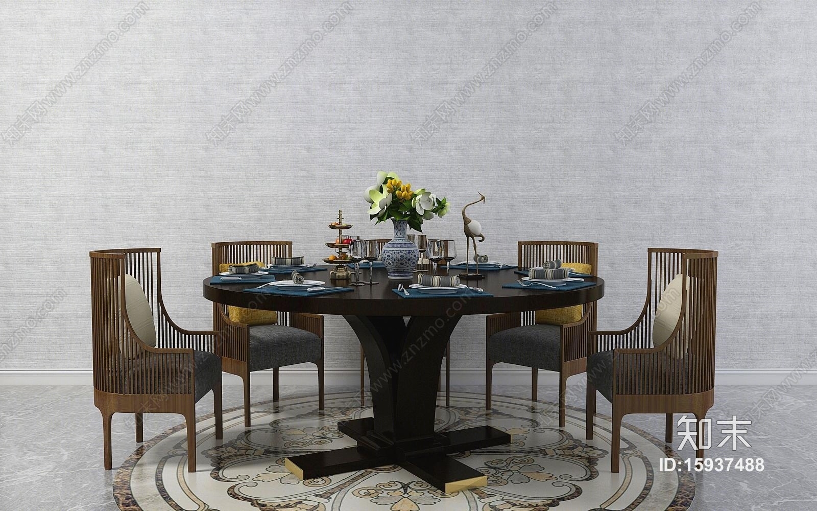 中式餐桌椅花瓶摆件组合3D模型下载【ID:15937488】