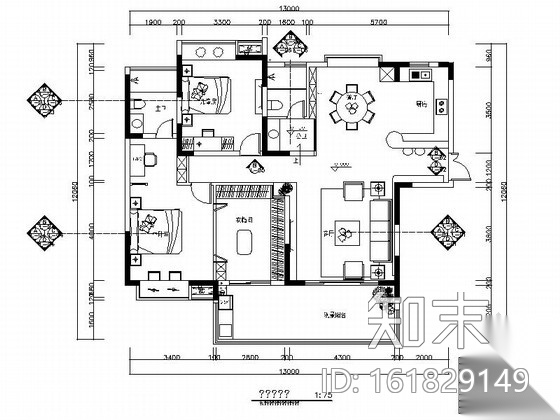 [江苏]清新现代风格两居室样板间装修施工图（含效果）cad施工图下载【ID:161829149】