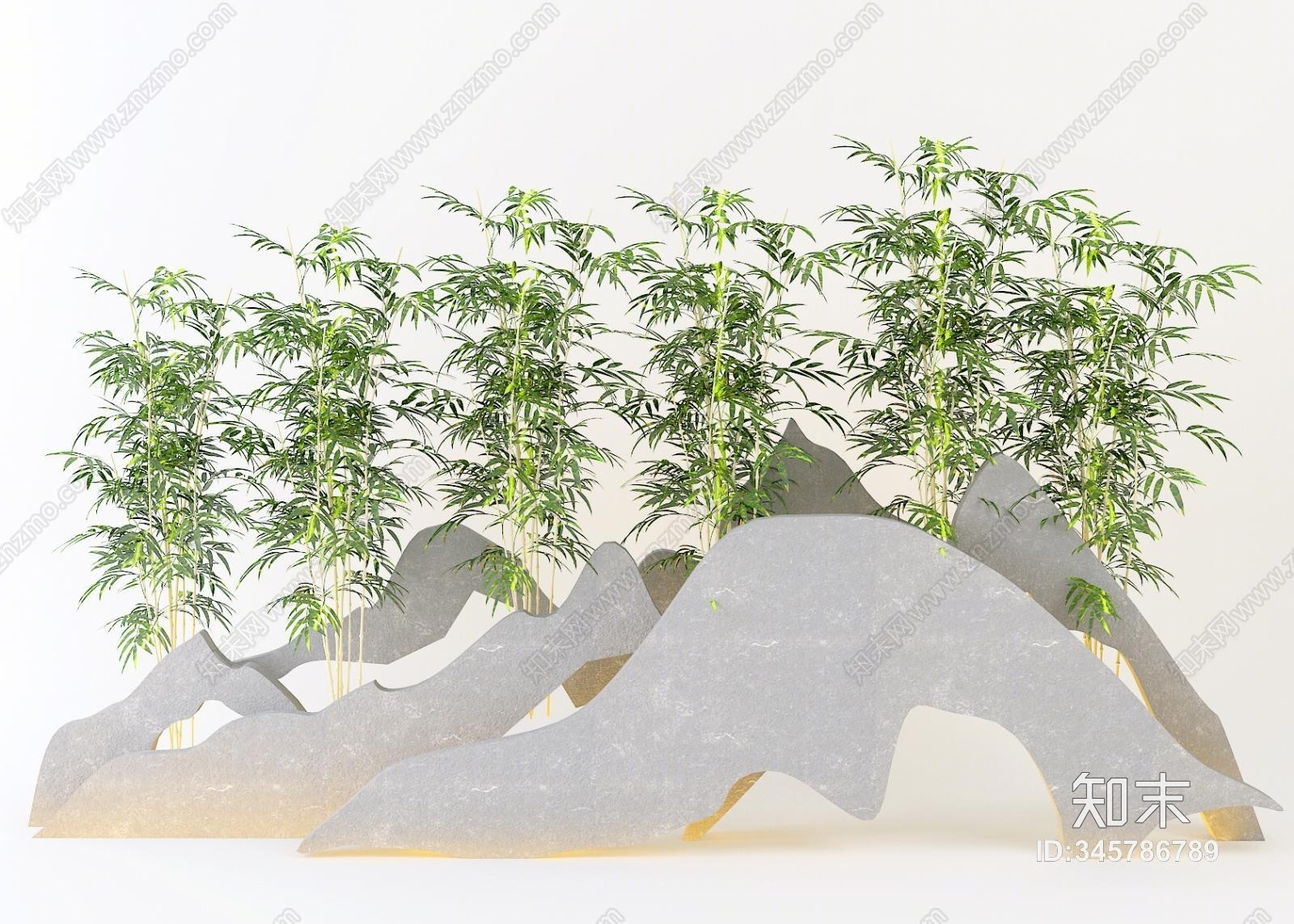 新中式园林小品假山竹子3D模型下载【ID:345786789】
