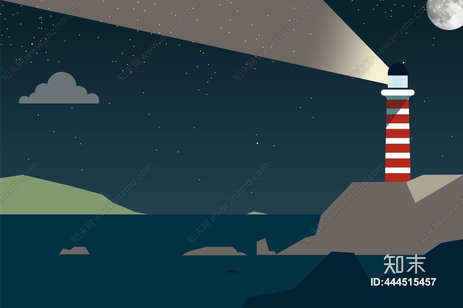 现代简约清新儿童房夜景灯塔海洋卡通装饰壁纸壁画贴图下载【ID:444515457】