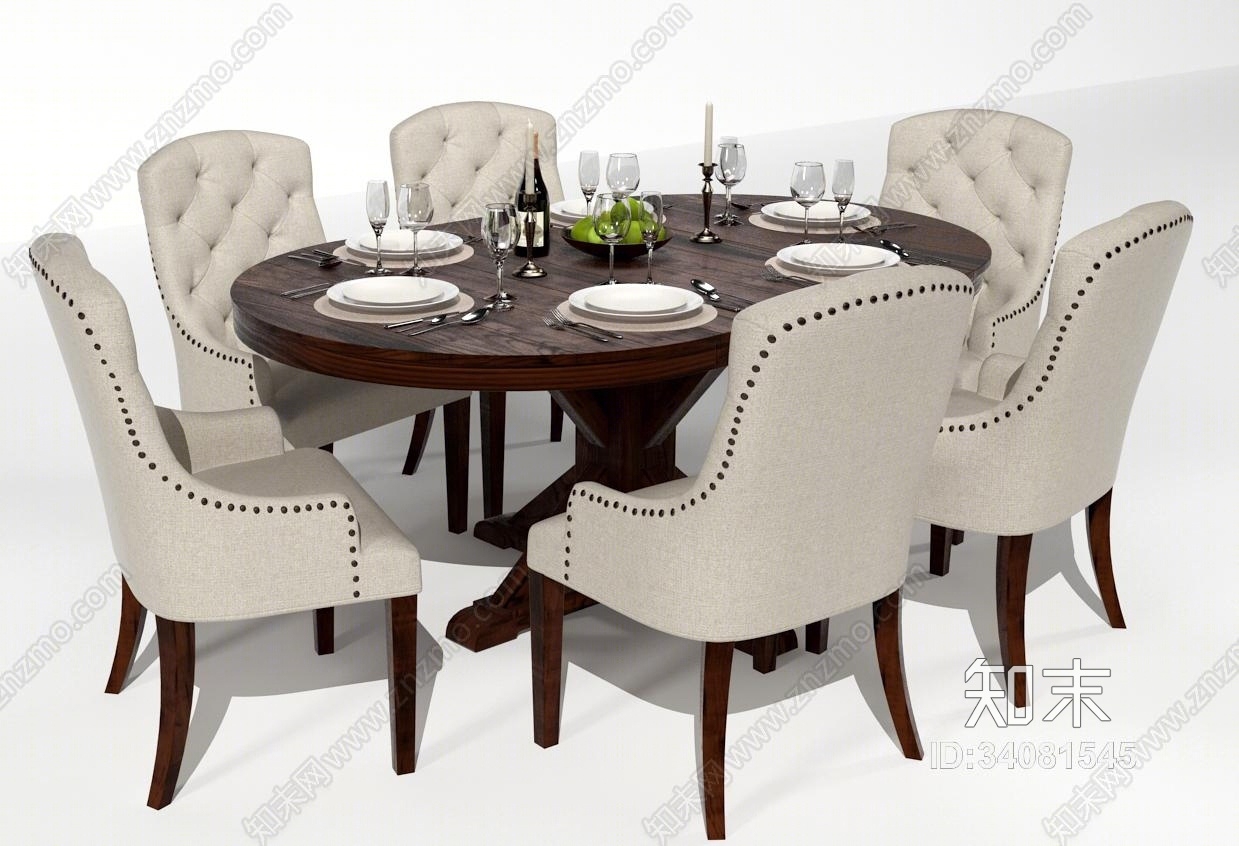 美式餐桌组合模型3D模型下载【ID:34081545】
