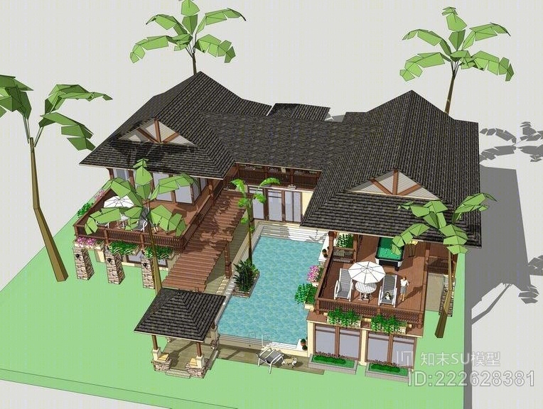 东南亚风格别墅SU模型下载【ID:222628381】