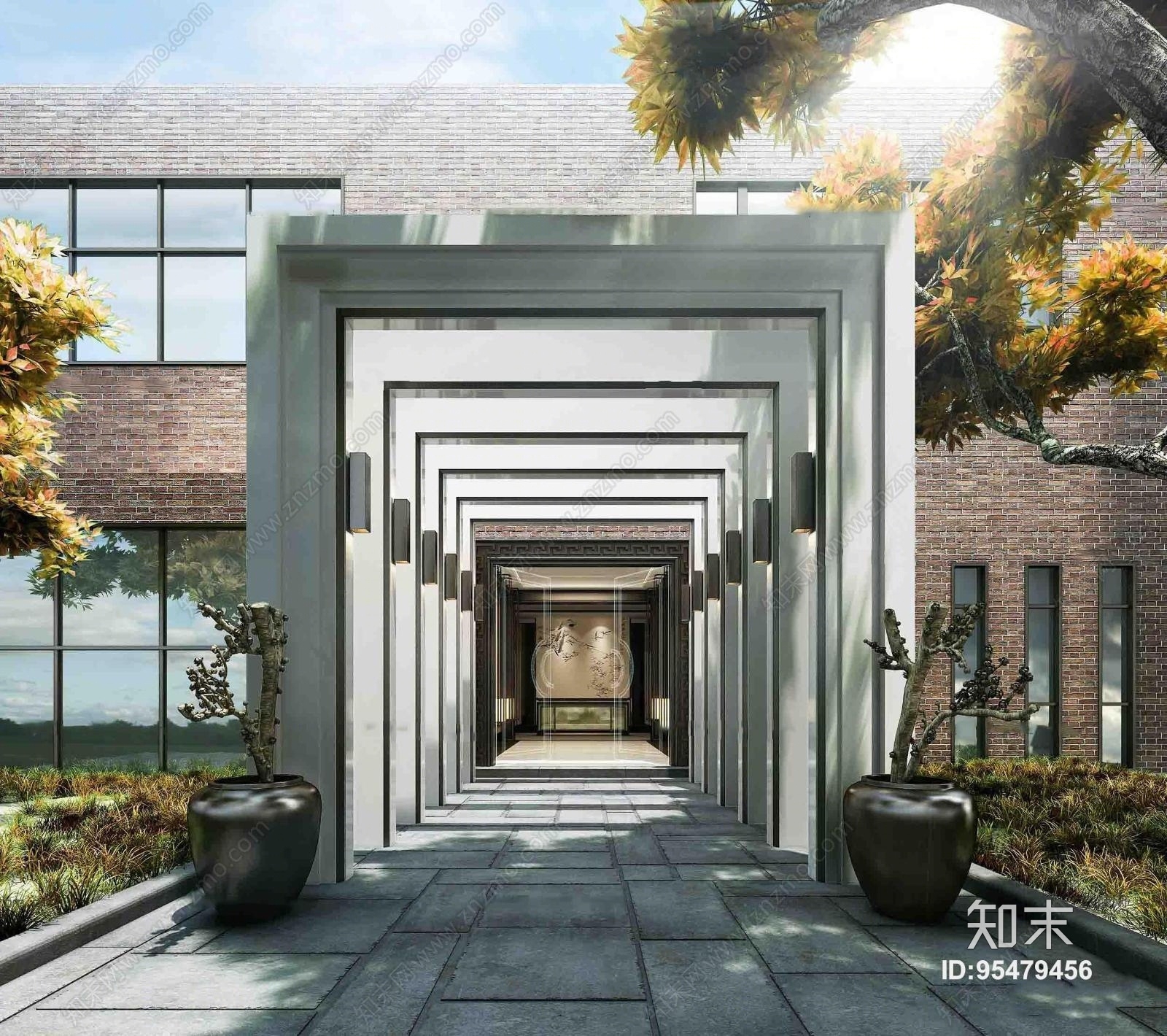 现代建筑门头门厅3D模型下载【ID:95479456】