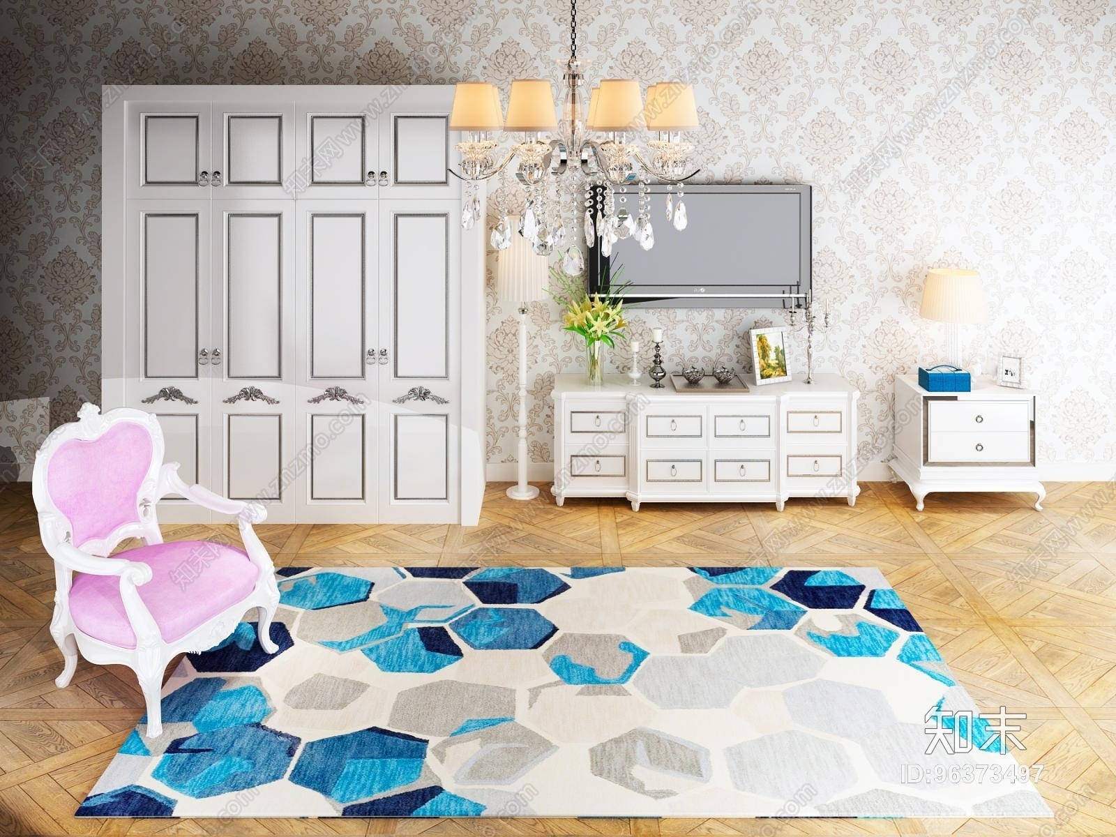 欧式风格衣柜电视柜组合3D模型下载【ID:96373497】