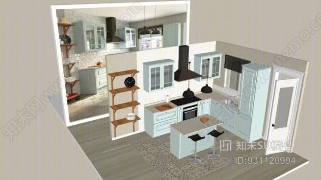 现代古董淡蓝色和黑色厨房-Cocina现代古董天鹅座和内格拉SU模型下载【ID:931120994】