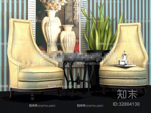 欧式新古典金色皮质沙发茶几组合3D模型下载【ID:32804130】
