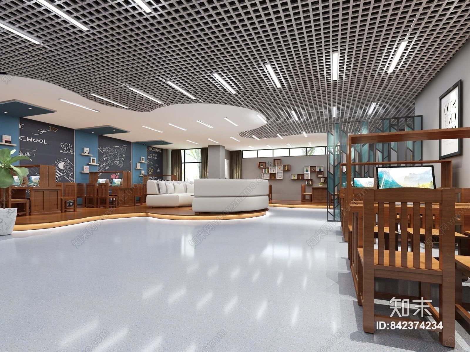 新中式公共图书馆3D模型下载【ID:842374234】