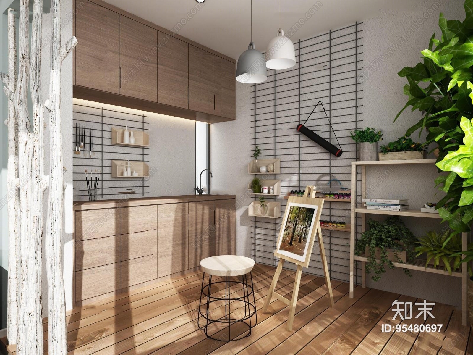 北欧阳台边柜植物组合3D模型下载【ID:95480697】