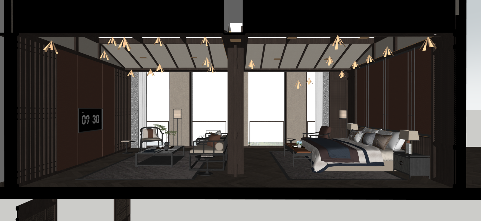 新中式套房卧室SU模型下载【ID:1222162002】
