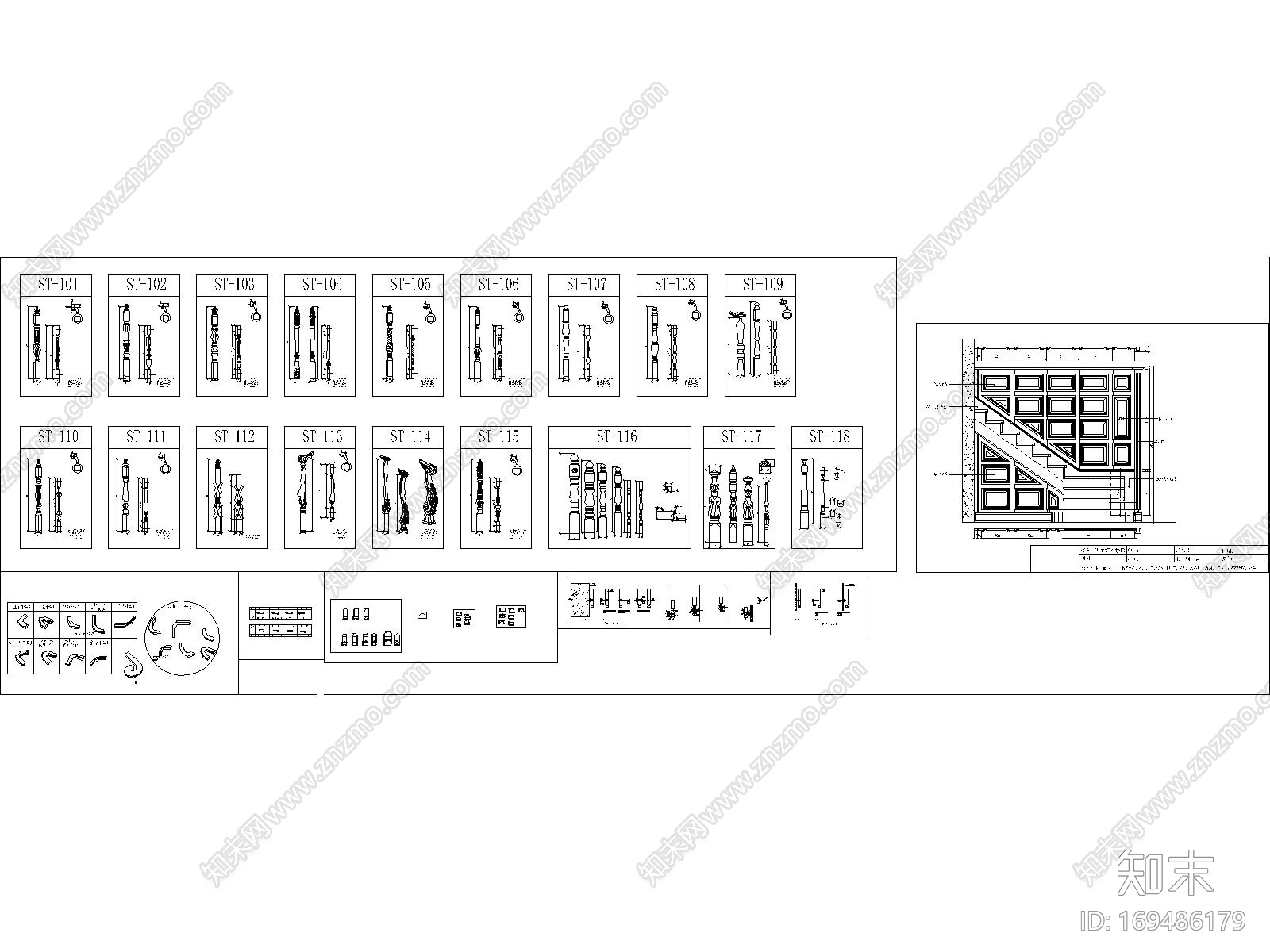 整木楼梯扶手配件等CAD图库施工图下载【ID:169486179】
