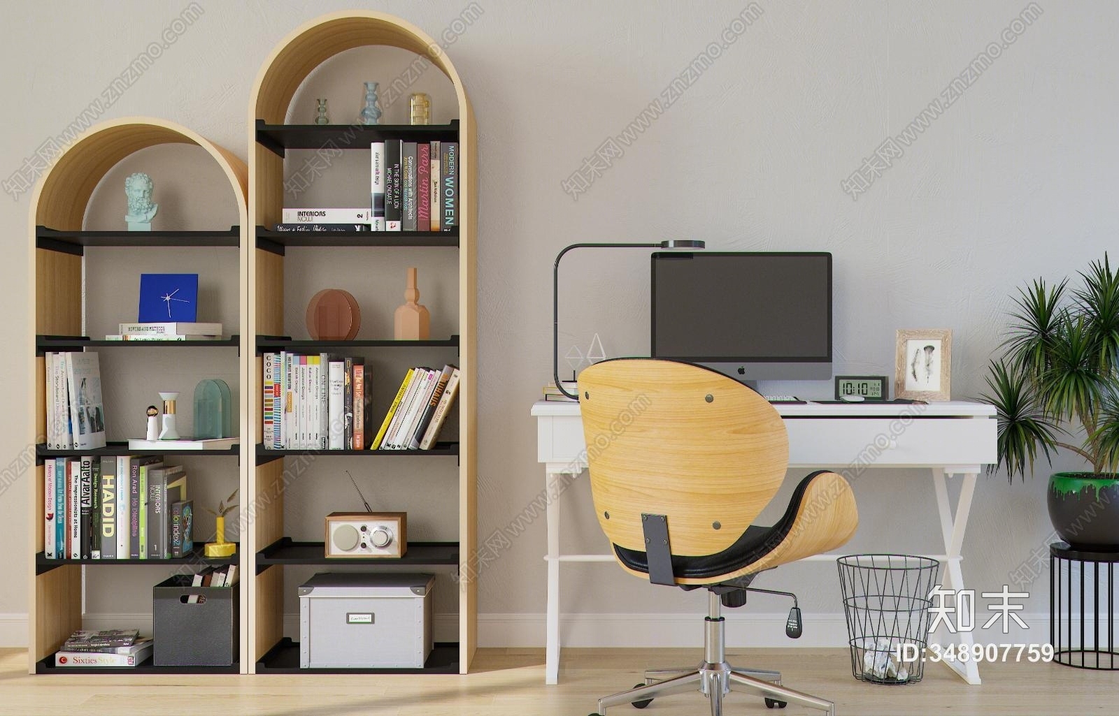 北欧书柜书桌组合3D模型下载【ID:348907759】