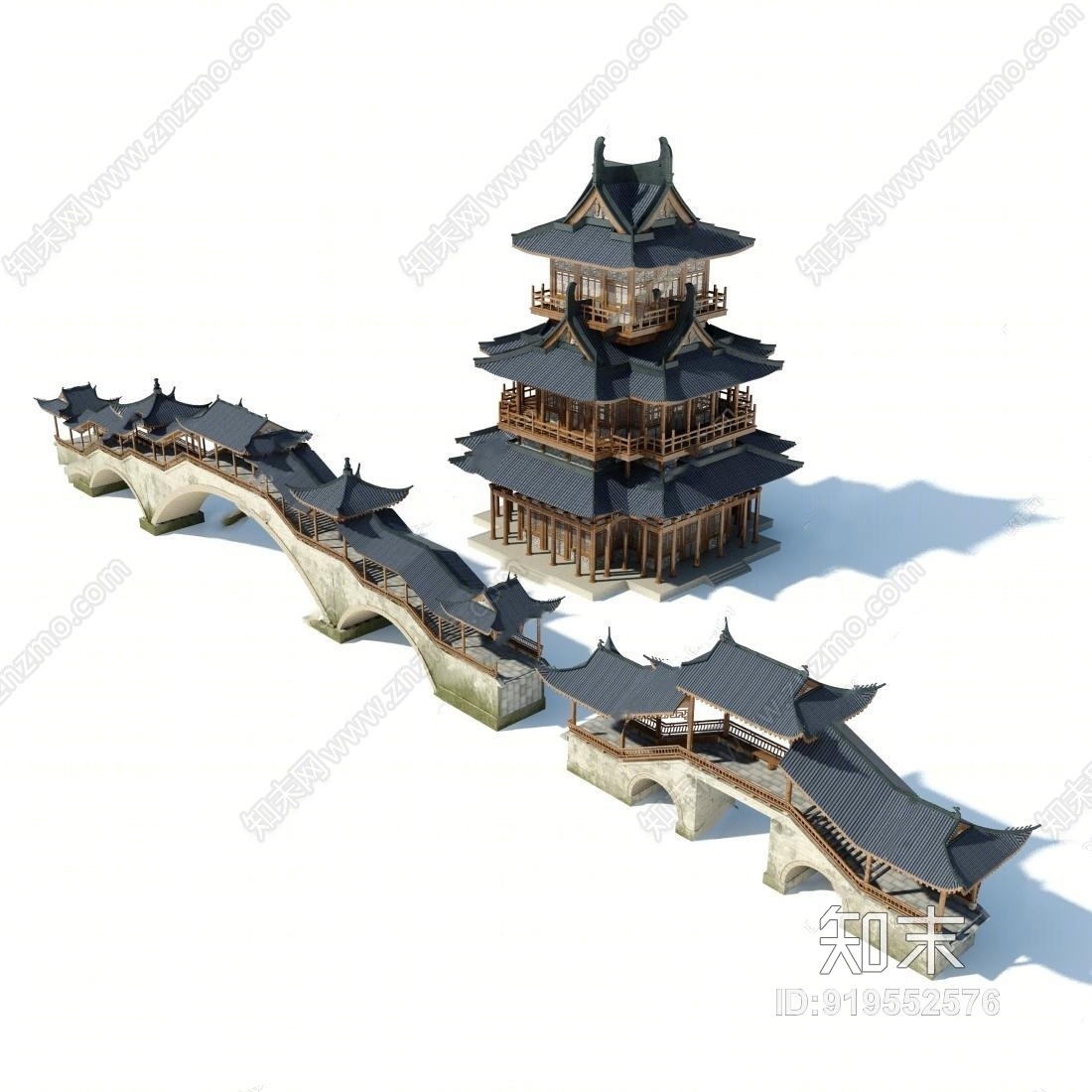 中式古建筑廊桥塔楼古城楼3D模型下载【ID:919552576】