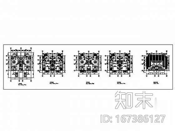 某四层叠拼别墅户型图（带阁楼和屋顶花园）cad施工图下载【ID:167386127】