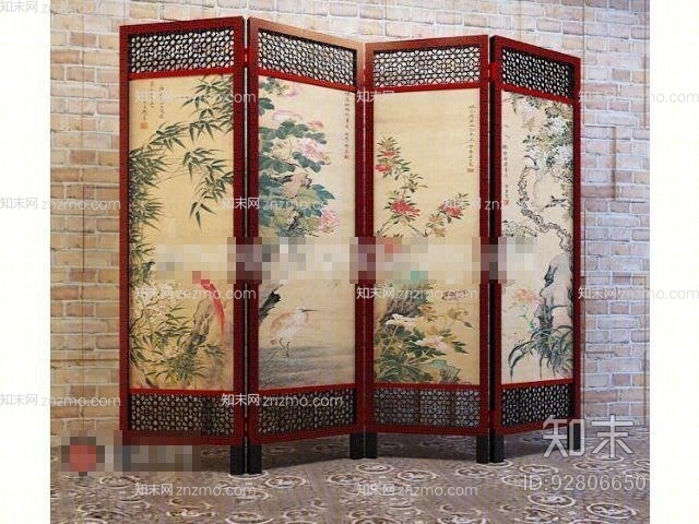 传统中式红色木艺折叠屏风3D模型下载【ID:92806650】