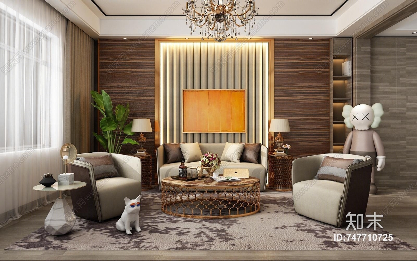 现代轻奢风格港式客厅3D模型下载【ID:747710725】