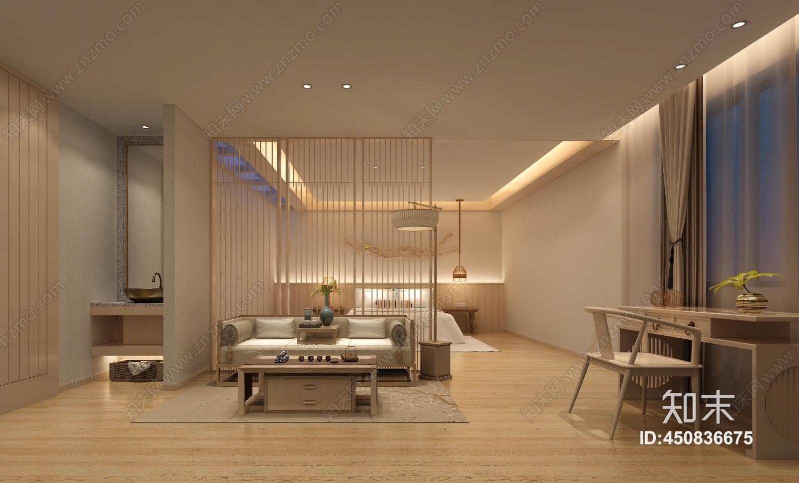 新中式名宿客房3D模型下载【ID:450836675】