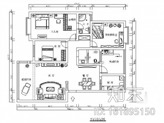 某住宅三居室内装修图cad施工图下载【ID:161895150】