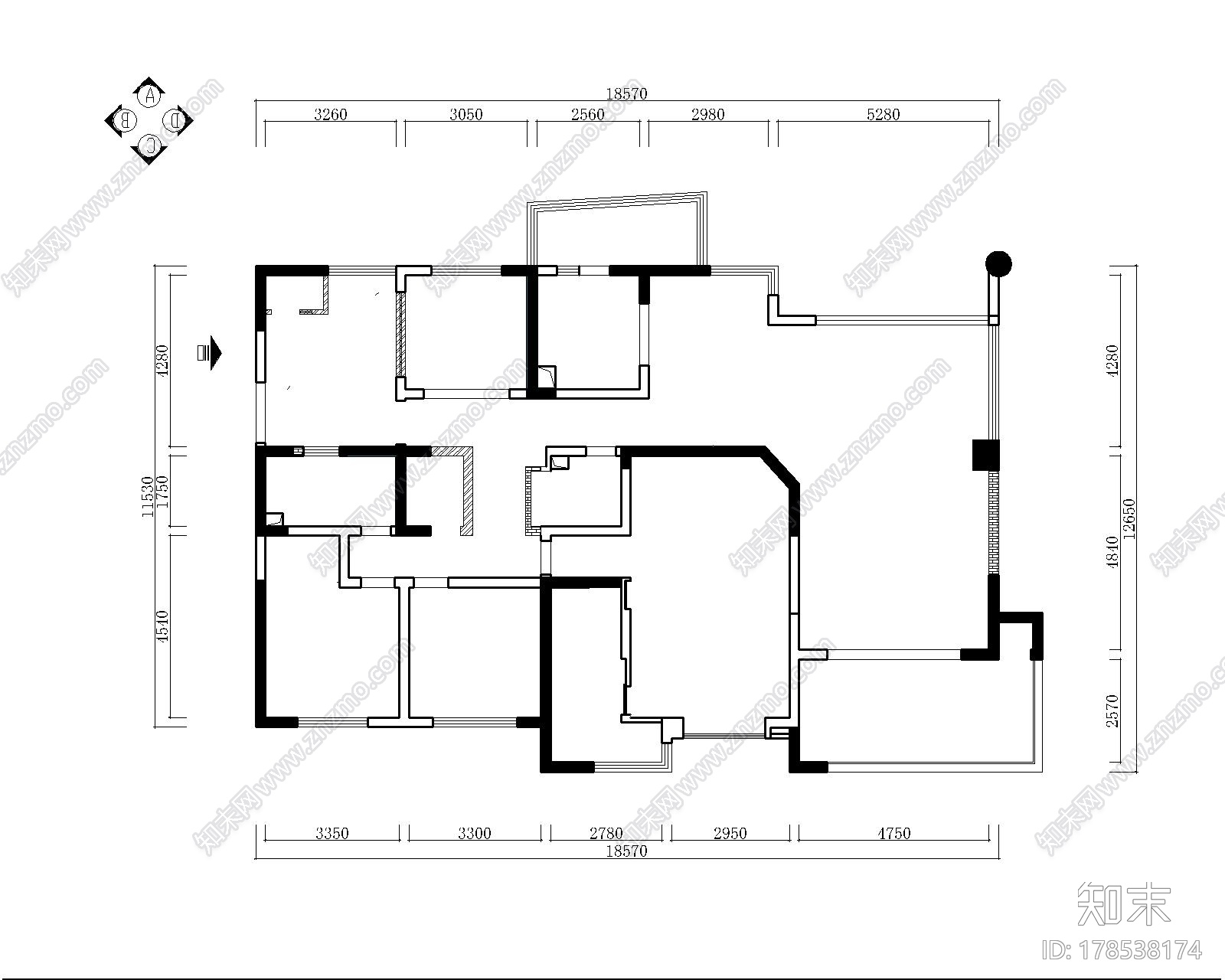 [成都]220㎡典雅中式风情五居室CAD装修施工图施工图下载【ID:178538174】