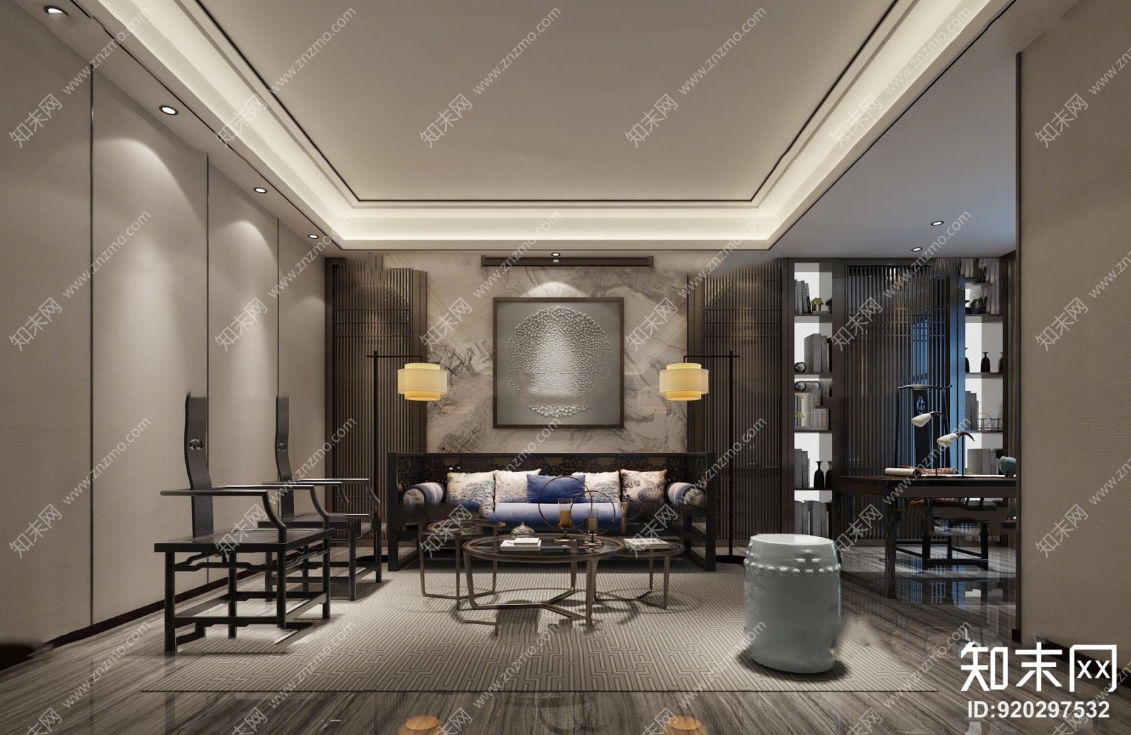 中式客厅书房组合3D模型下载【ID:920297532】